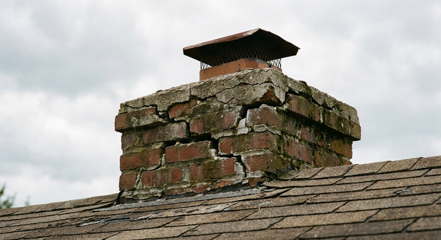 A real photograph of a brick chimney top with a concrete crown showing visible cracks and gaps where rainwater could enter, taken from a roof level perspective