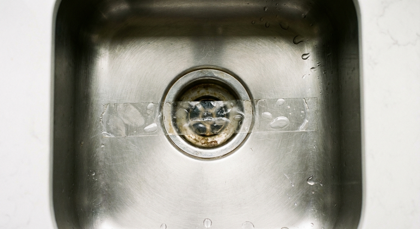A real photograph of a clear strip of tape placed over a stainless steel bathroom sink drain, shot from above with natural indoor lighting and a clean countertop visible