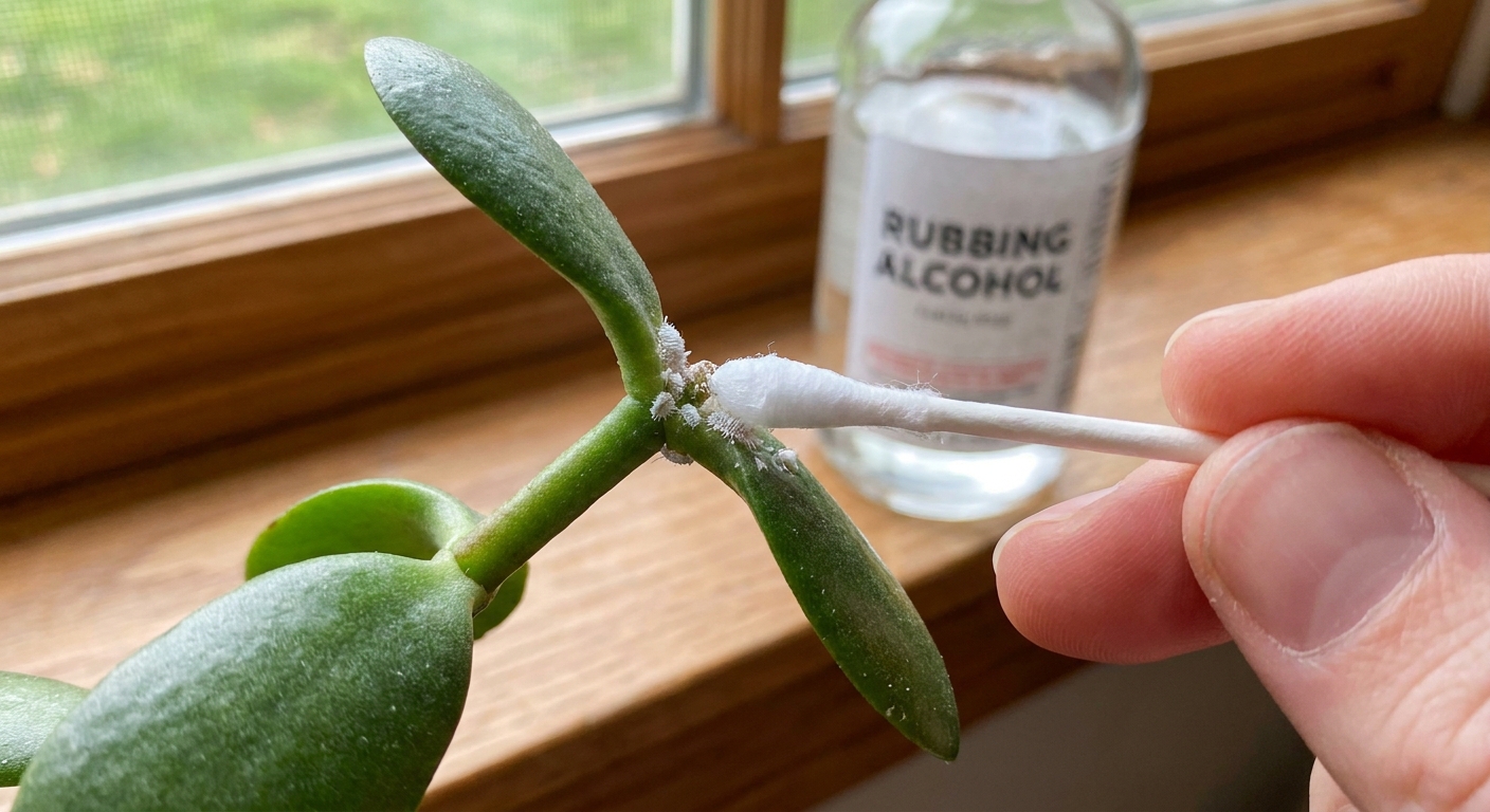A real photograph of a cotton swab dipped in rubbing alcohol being used to dab mealybugs off a houseplant stem at a leaf joint