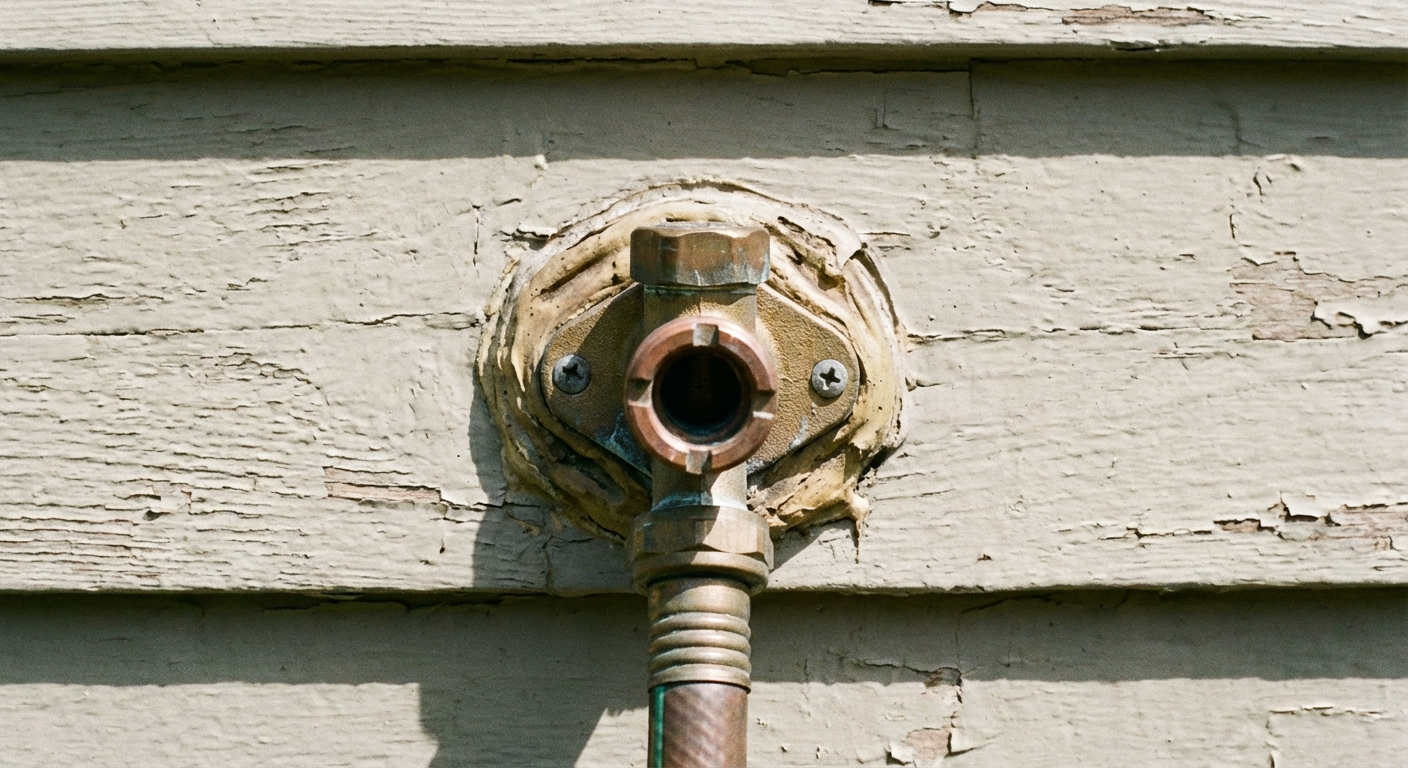 A real photograph of a frost-free outdoor sillcock installed on house siding with visible mounting flange and caulk line, taken straight-on in daylight