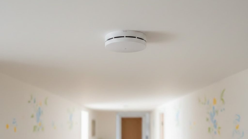 A real photograph of a hallway ceiling with a hardwired smoke alarm mounted farther from the kitchen doorway, showing improved placement