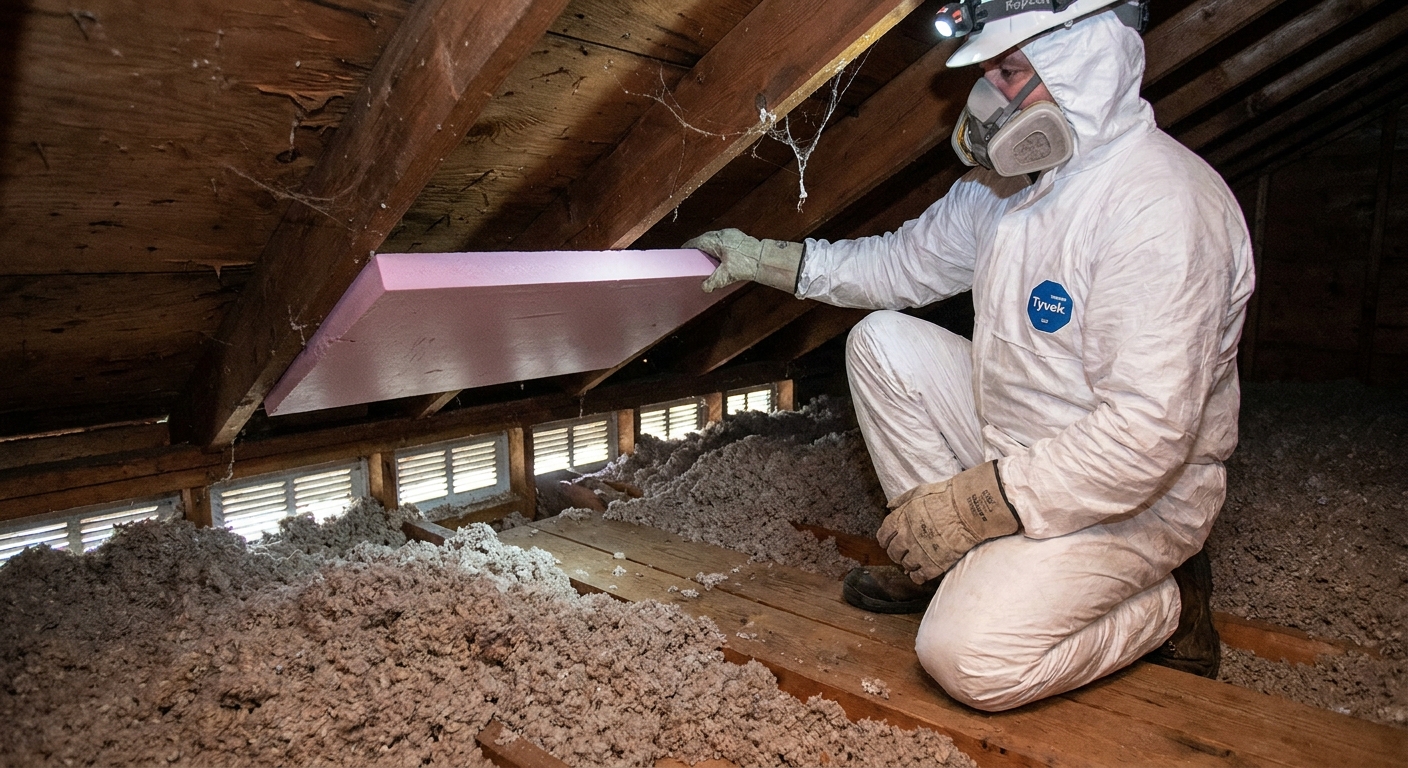 A real photograph of a homeowner in protective gear kneeling in an attic near the eaves, holding a foam ventilation baffle between rafters above soffit vents, with blown-in insulation nearby