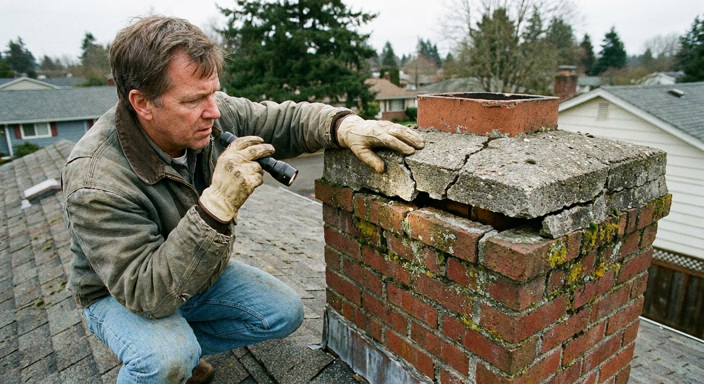 A real photograph of a homeowner inspecting a brick chimney crown on a roof, focusing on visible cracks and the gap around the flue tile