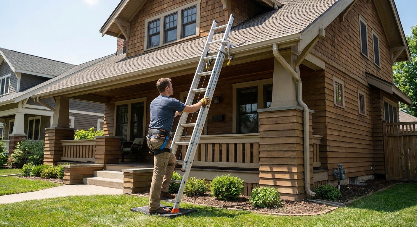 A real photograph of a homeowner setting up an extension ladder safely at the edge of a residential roof with the ladder feet on stable ground in daylight