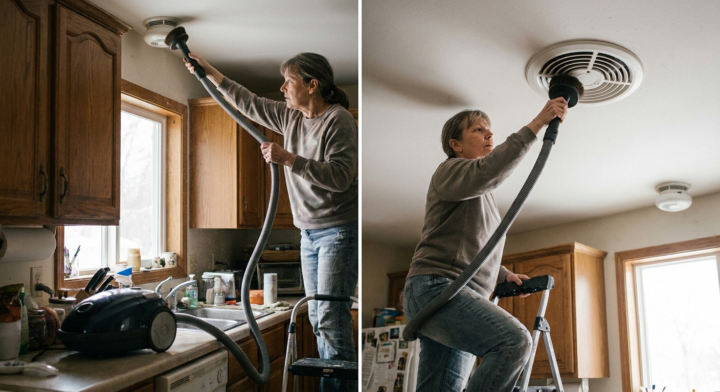 A real photograph of a homeowner standing on a step stool vacuuming the vent openings of a ceiling-mounted smoke alarm using a soft brush attachment