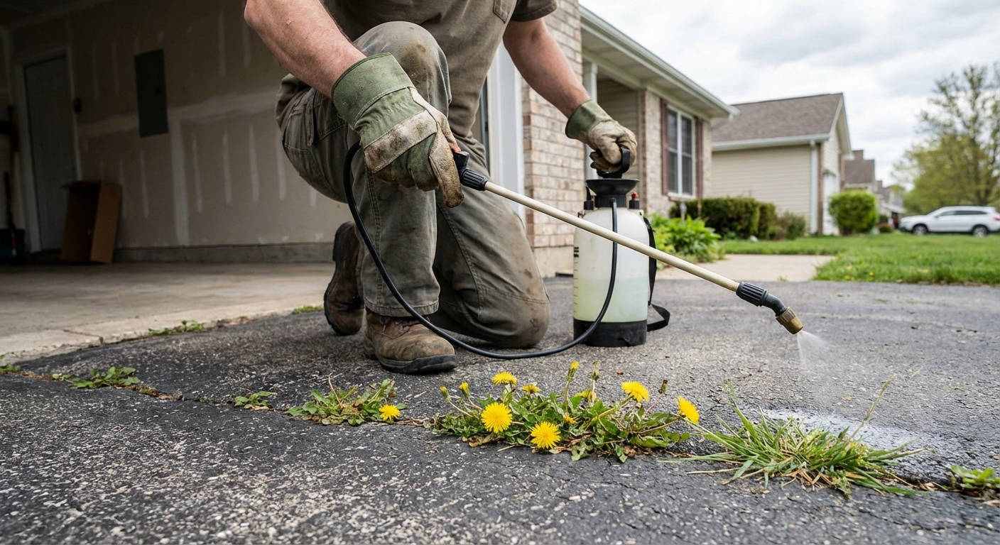 A real photograph of a homeowner wearing gloves and spraying a pump sprayer along weeds in a driveway crack, with the sprayer wand aimed at the joint and the driveway surface visible