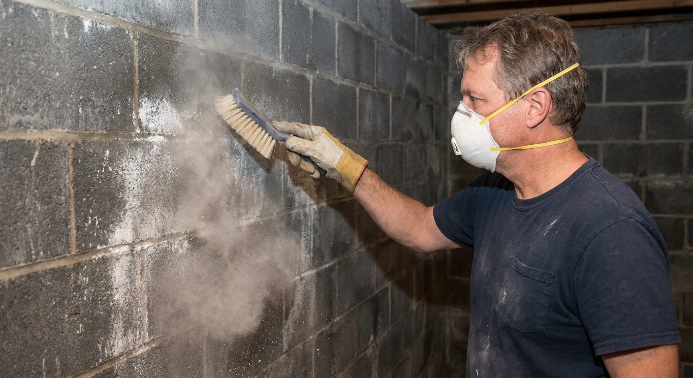 A real photograph of a homeowner wearing gloves dry-brushing a white chalky deposit off a concrete block basement wall with a stiff nylon brush
