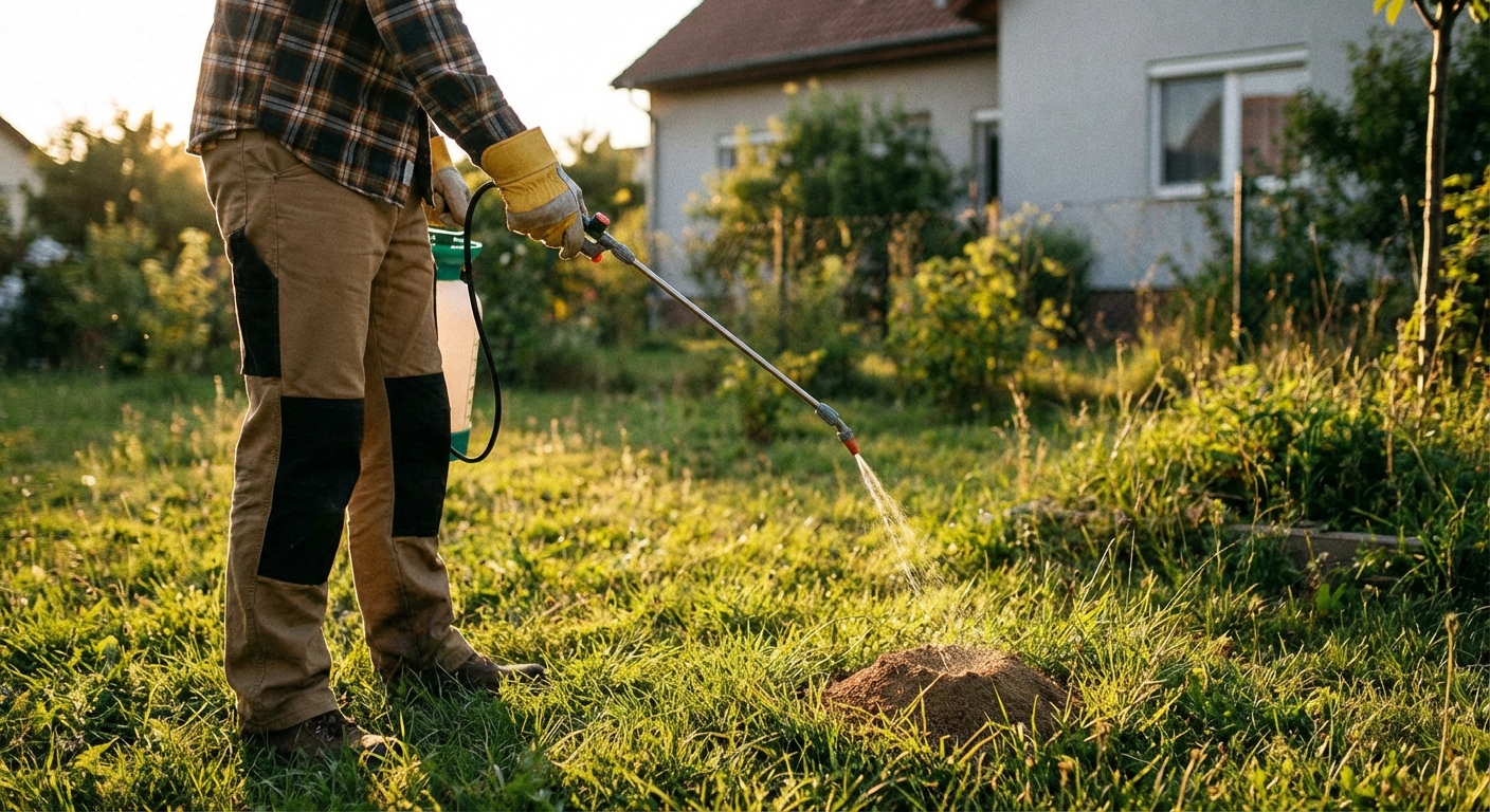A real photograph of a homeowner wearing gloves holding a pump sprayer wand aimed at a small ant mound in a grassy yard, late afternoon light