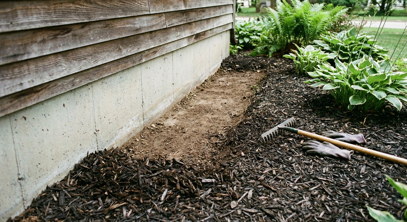 A real photograph of a house foundation where mulch has been pulled back to create a bare strip between the wall and the garden bed