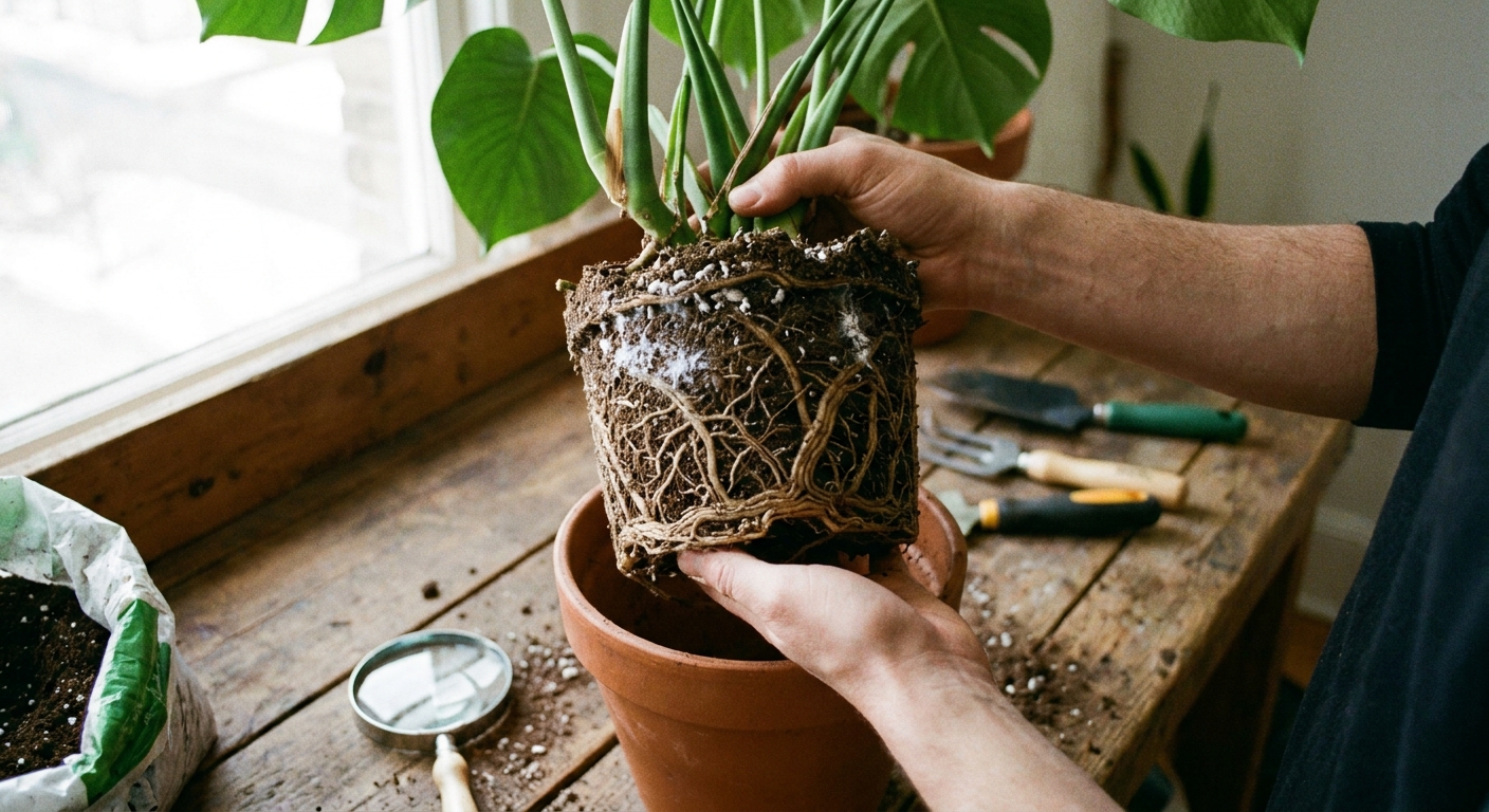 A real photograph of a houseplant being lifted from its pot on a work surface with roots exposed for inspection, with small white mealybug residue visible near the soil line