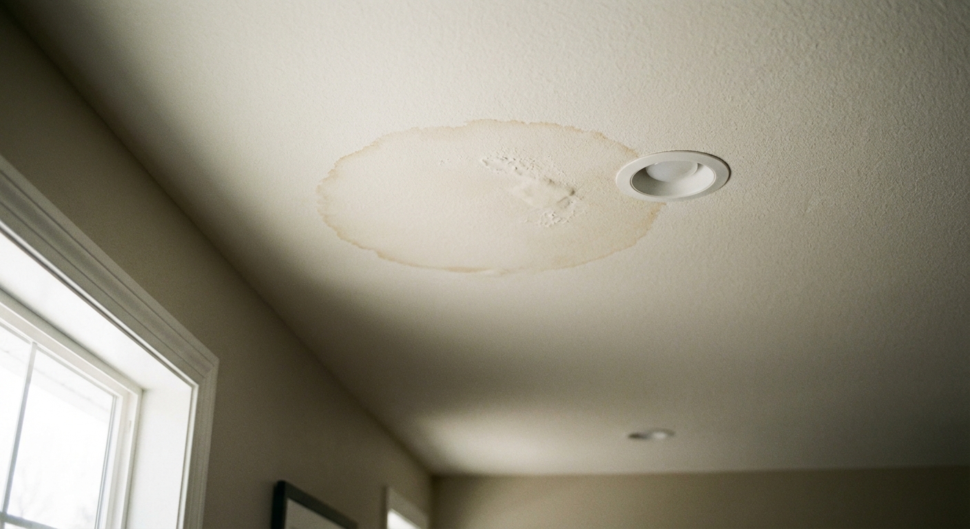 A real photograph of a living room ceiling with a light brown circular water stain near a recessed light, soft daylight coming through a window, neutral painted drywall ceiling, no text
