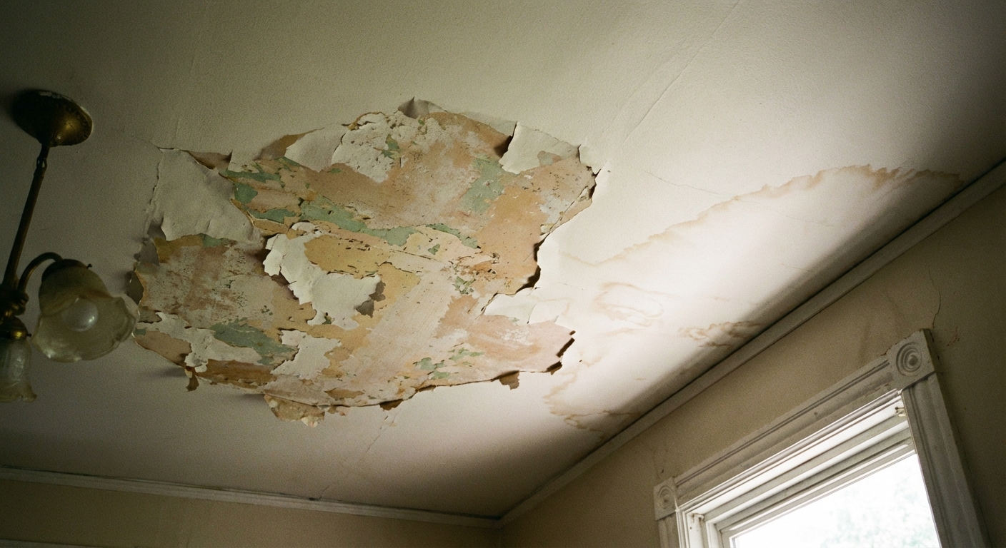 A real photograph of a living room ceiling with paint peeling in a patchy area and faint brown water staining nearby, shot from below with natural window light