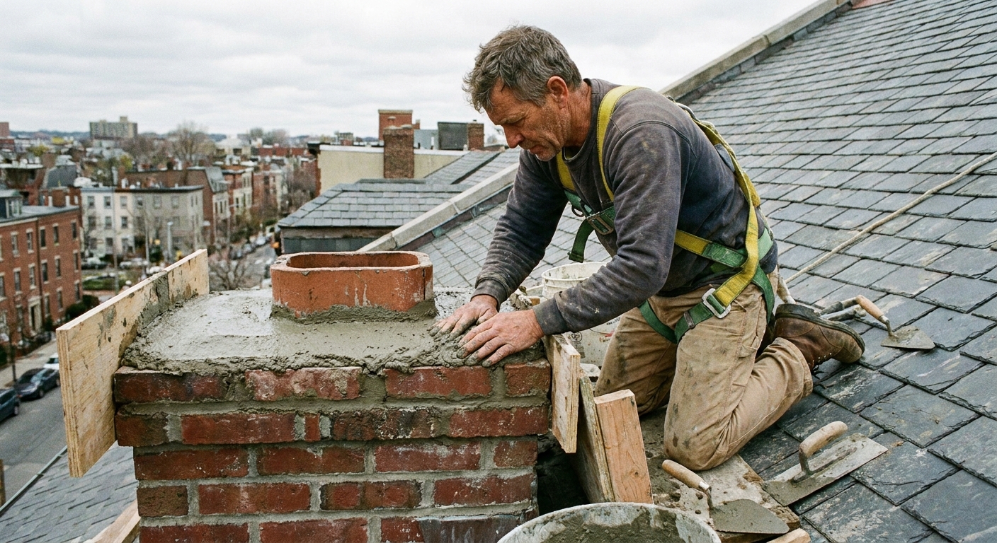 A real photograph of a mason working on a brick chimney top on a roof, forming a new concrete crown around the flue tile