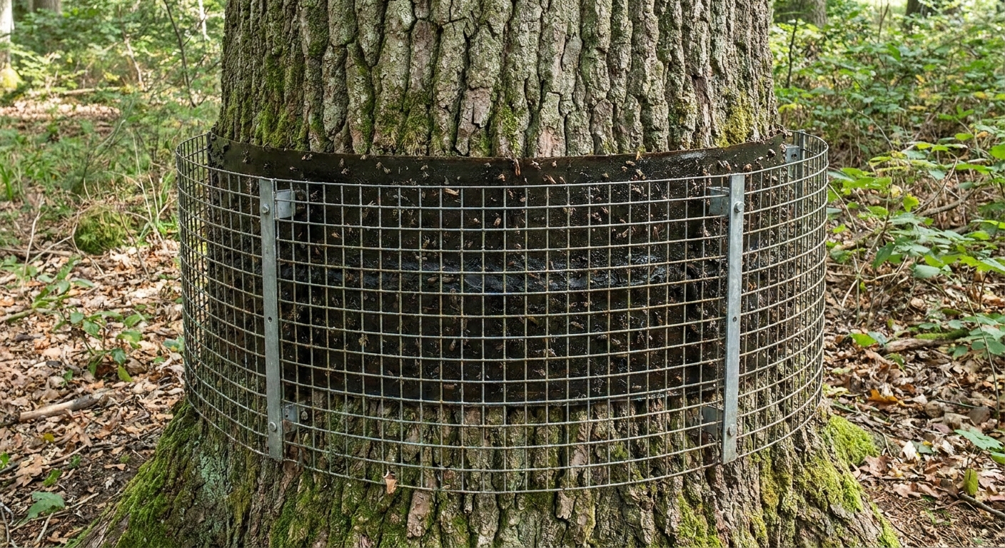 A real photograph of a mature tree trunk with a guarded sticky band installed around it, with a mesh cover protecting wildlife