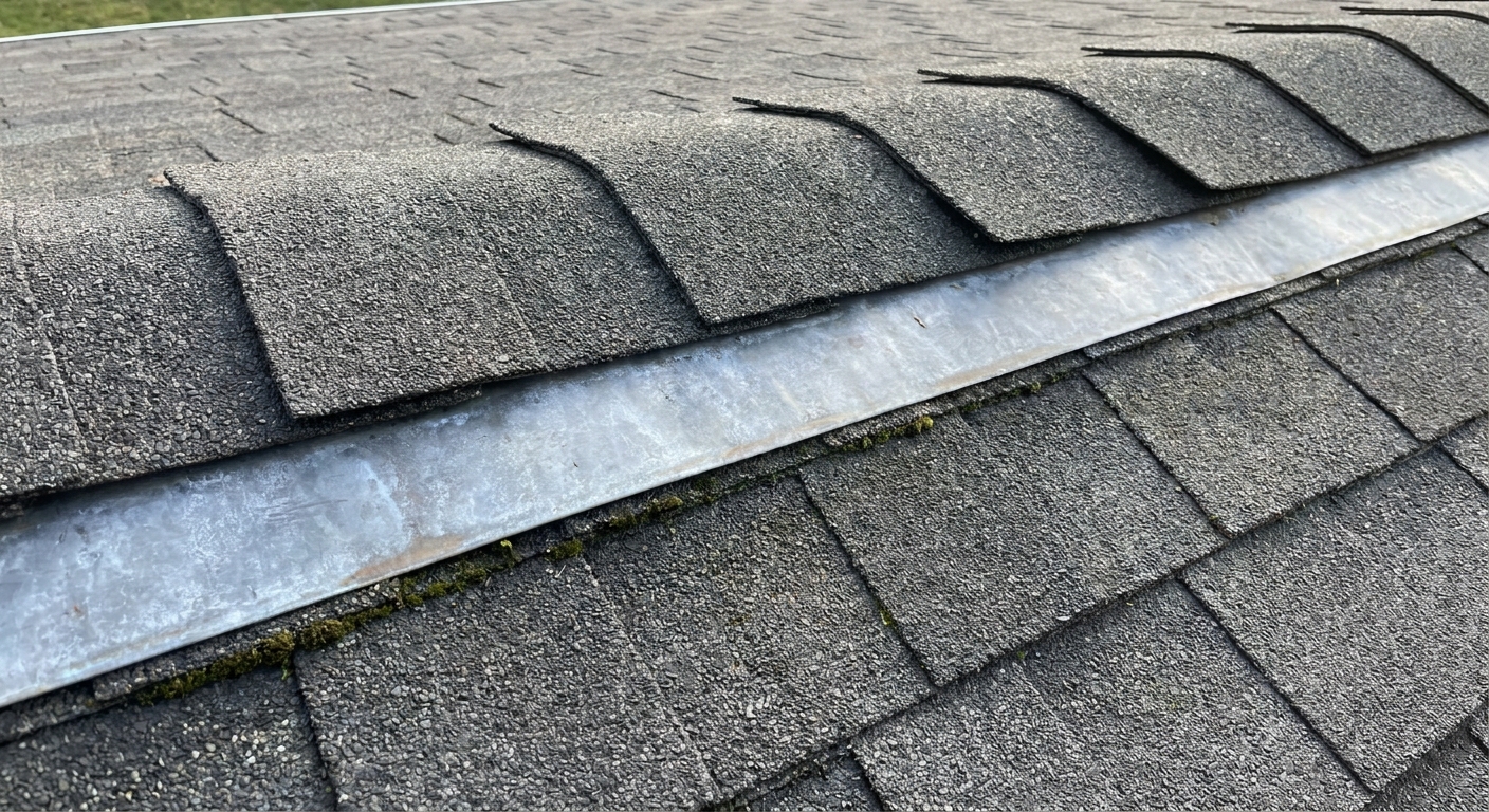 A real photograph of a metal zinc strip installed near the ridge line of an asphalt shingle roof with a small visible edge under the top shingle course