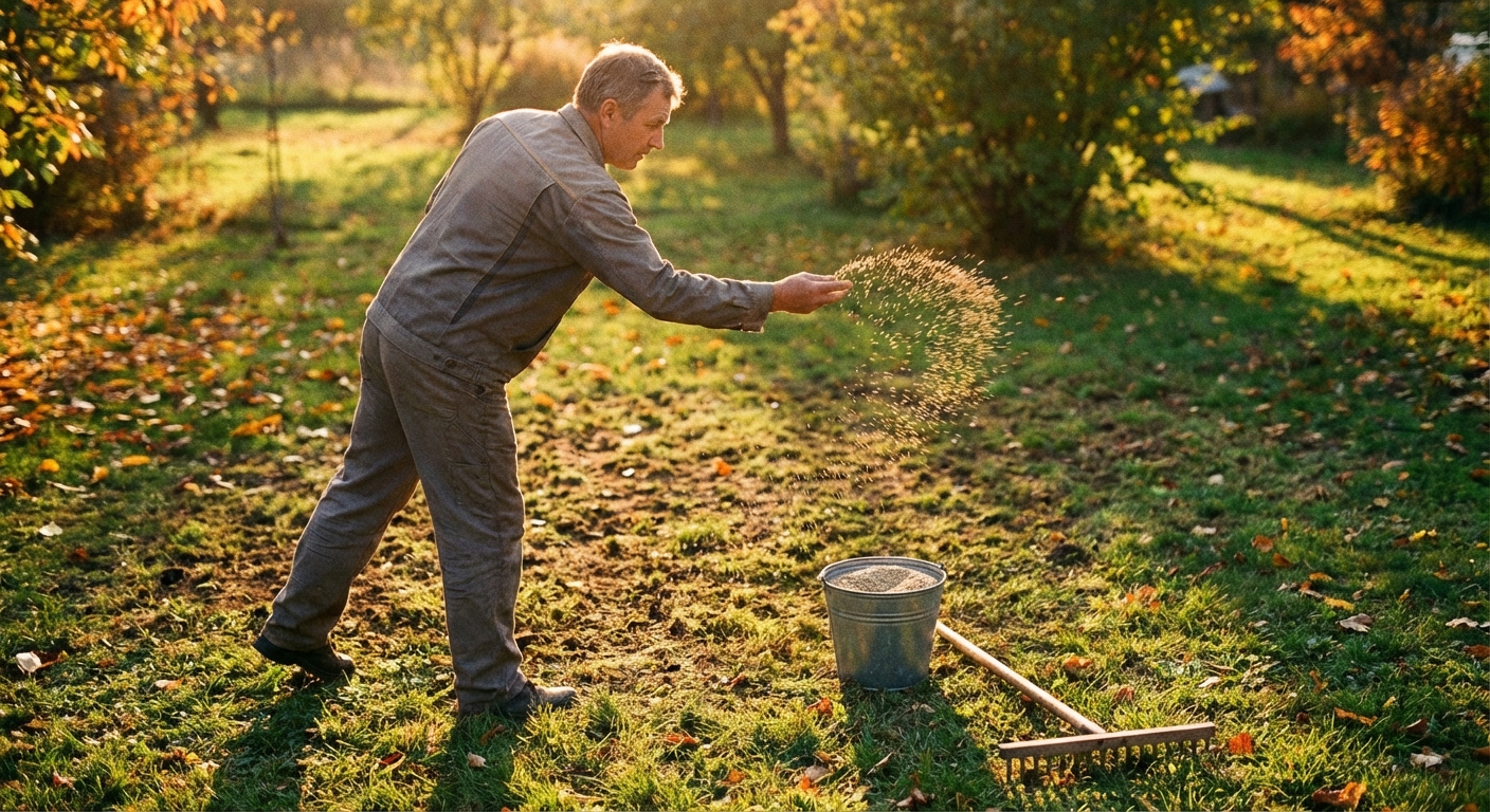 A real photograph of a person broadcasting grass seed by hand over a thin lawn area in early fall, with a small bucket of seed and a rake nearby, warm late afternoon light