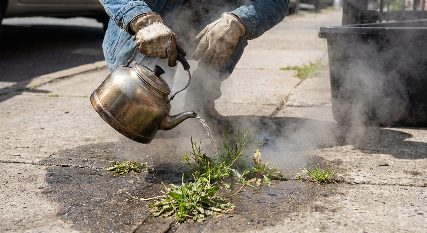 A real photograph of a person carefully pouring boiling water from a metal kettle into weeds growing in a sidewalk crack, with steam rising and the concrete surface in focus