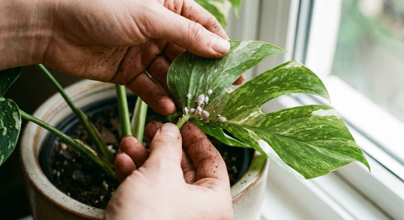 A real photograph of a person gently lifting a houseplant leaf to inspect the underside near the stem, with small white mealybug clusters visible