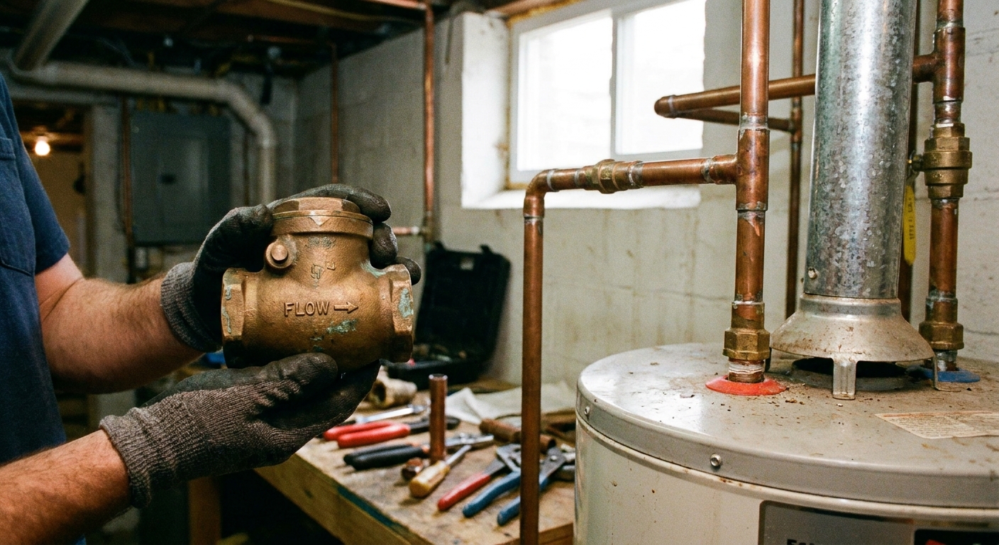 A real photograph of a person holding a brass plumbing check valve in front of copper piping near a residential water heater