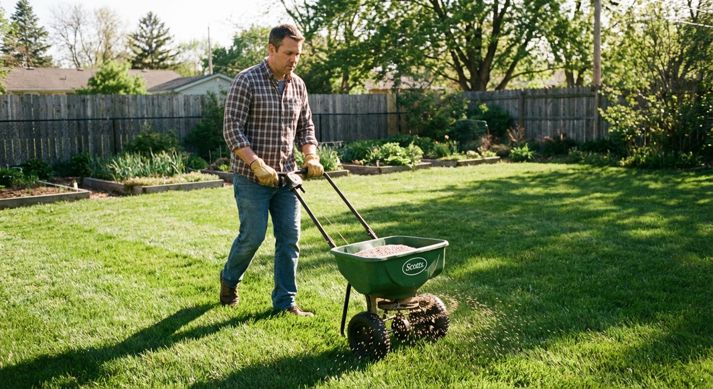 A real photograph of a person pushing a broadcast lawn spreader across a backyard lawn in daylight, with the spreader hopper visible