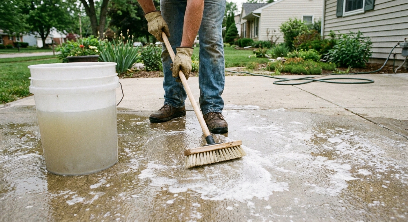 A real photograph of a person scrubbing white efflorescence off a concrete patio with a stiff nylon deck brush next to a bucket of water