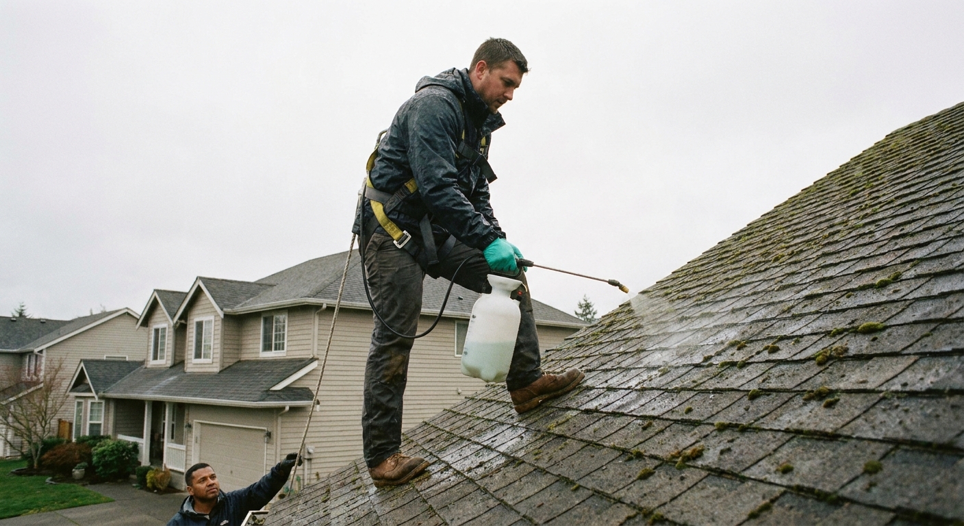 A real photograph of a person using a handheld pump sprayer to apply roof cleaning solution to asphalt shingles on a mild overcast day