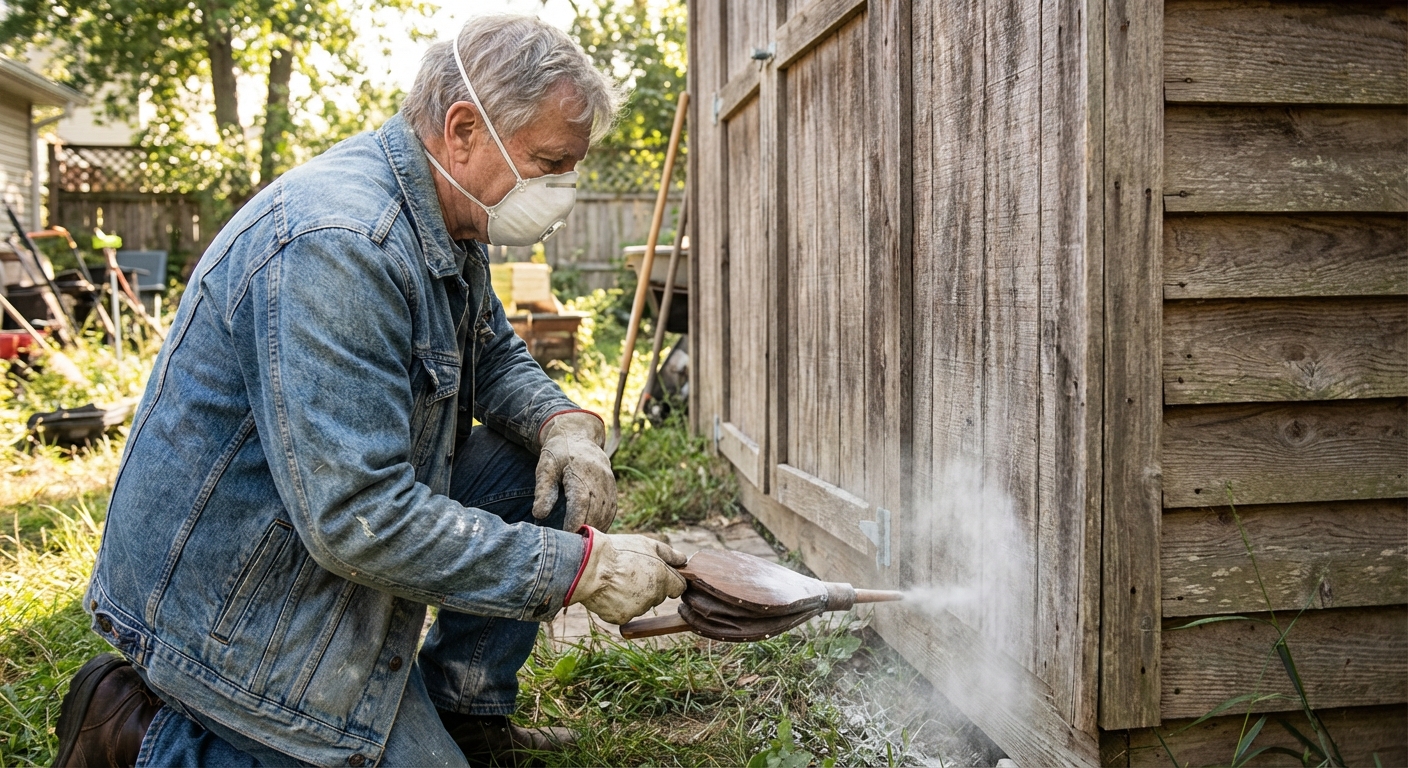 A real photograph of a person wearing a dust mask and gloves lightly applying diatomaceous earth with a handheld duster along the base of a wooden backyard shed