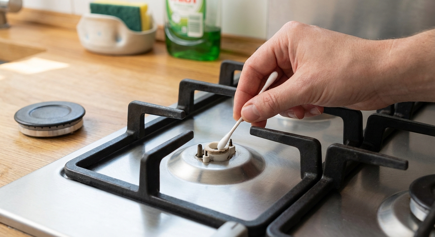 A real photograph of a person’s hand using a cotton swab to gently clean around a gas stove igniter on a cooktop with the burner cap removed, kitchen counter visible in the background