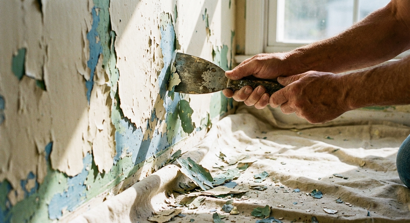 A real photograph of a person’s hands using a metal paint scraper on a wall where paint is peeling, with paint chips falling onto a canvas drop cloth