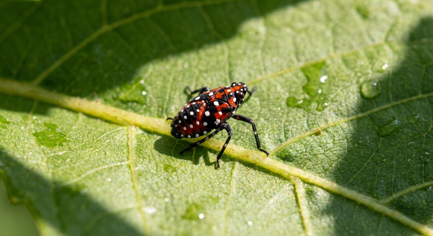 A real photograph of a red spotted lanternfly nymph with white spots sitting on a green leaf in daylight