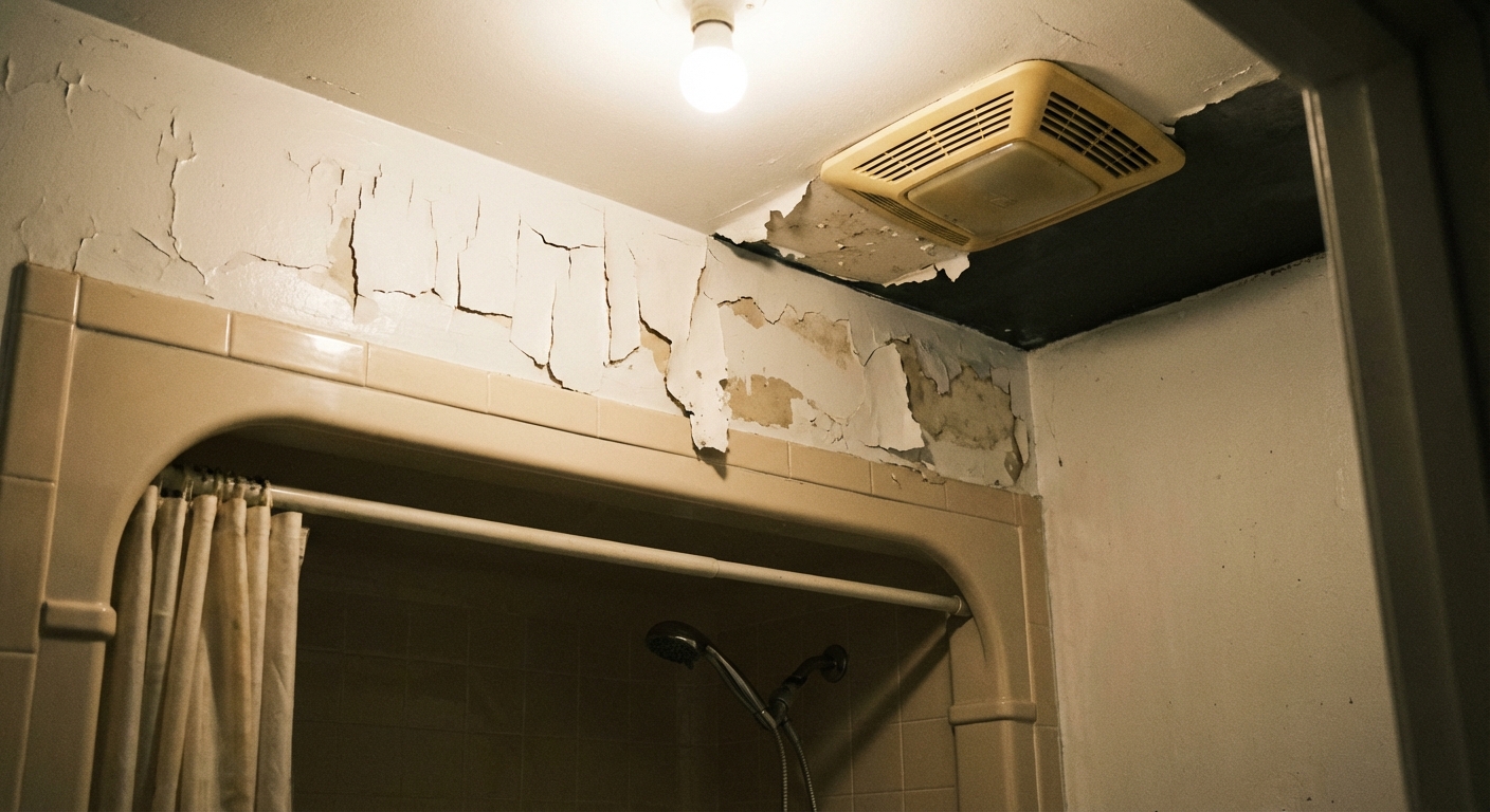 A real photograph of a small bathroom where paint is peeling above a shower surround near the ceiling corner, with a ventilation fan visible and soft indoor lighting