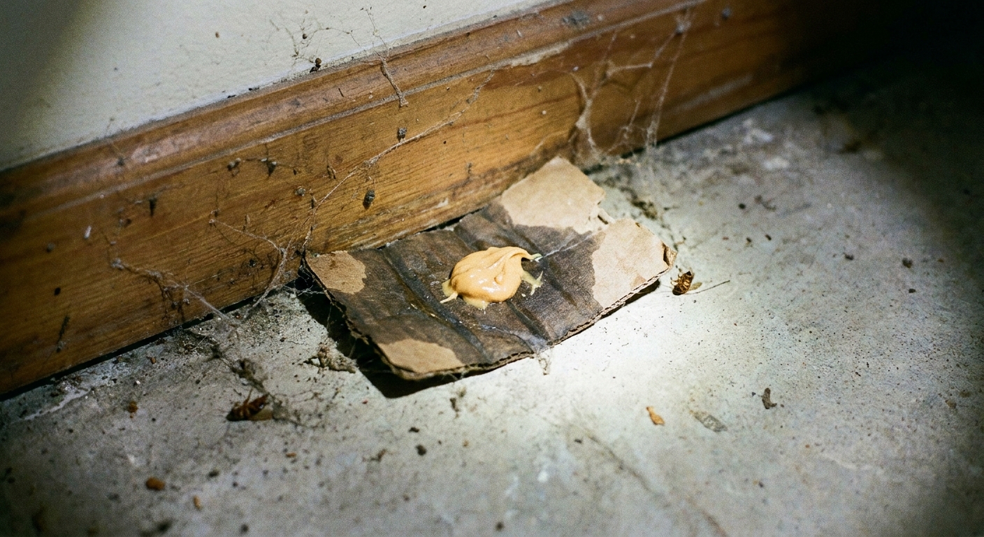 A real photograph of a small piece of damp cardboard placed along a basement baseboard as a simple pest trap