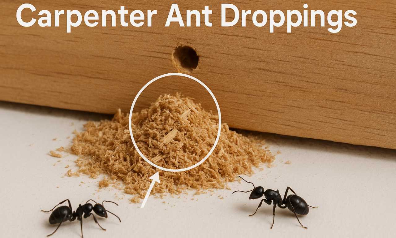A real photograph of a small pile of carpenter ant frass and sawdust on a white-painted windowsill and floor below damaged wood trim