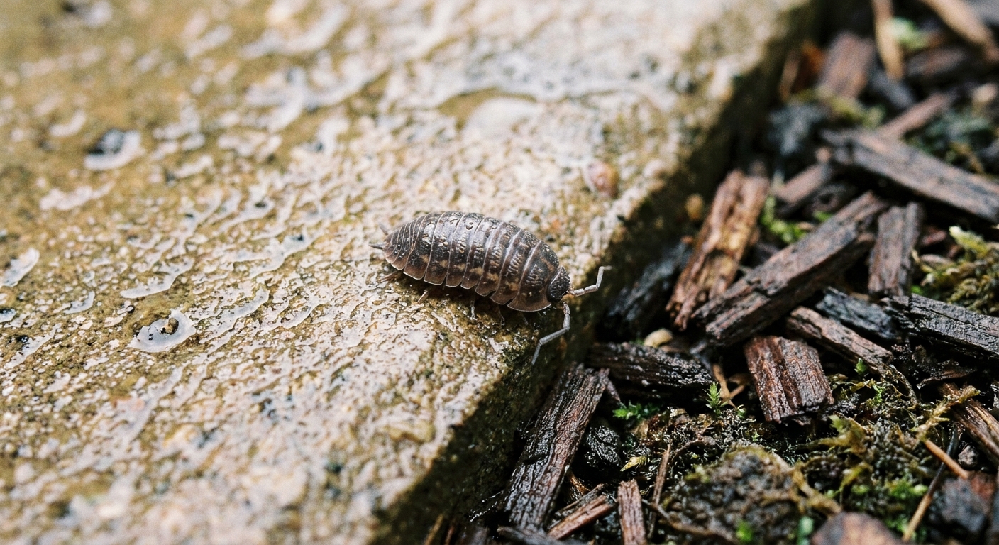 A real photograph of a sow bug crawling on a wet patio stone near garden mulch, captured close-up