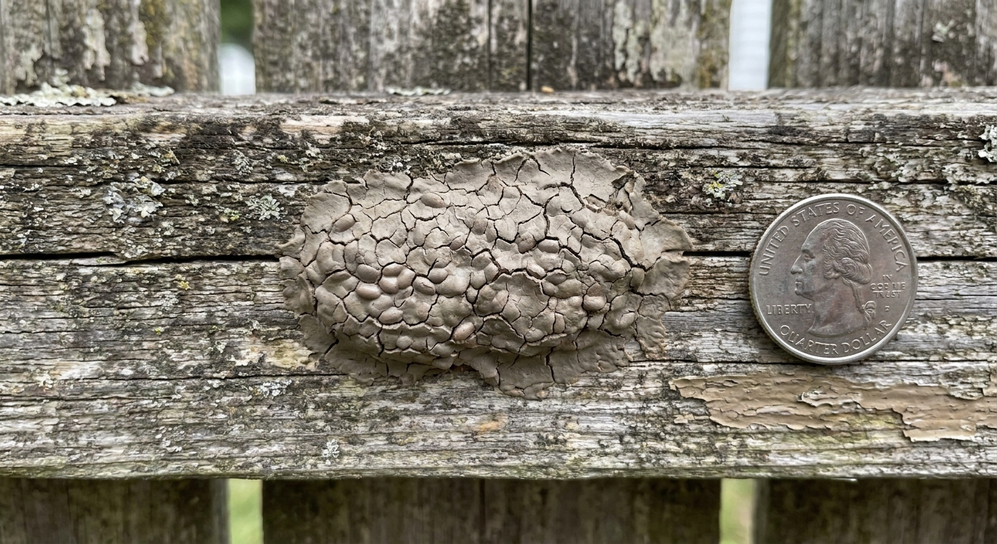 A real photograph of a spotted lanternfly egg mass on a weathered wooden fence board, showing a gray-brown putty-like patch