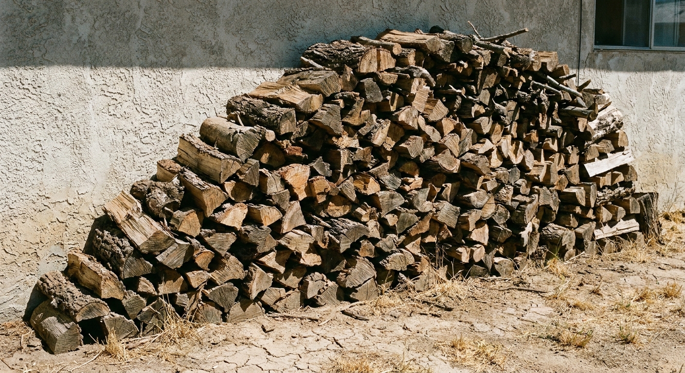 A real photograph of a stacked firewood pile sitting directly against a stucco house wall in a dry yard, showing the tight hiding spaces between logs