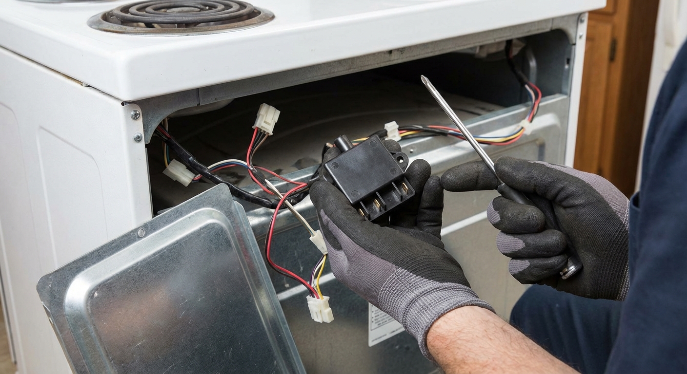 A real photograph of a technician’s hands holding a small black spark module near the back of a kitchen range with the rear access panel removed, showing wiring connectors and a screwdriver in hand