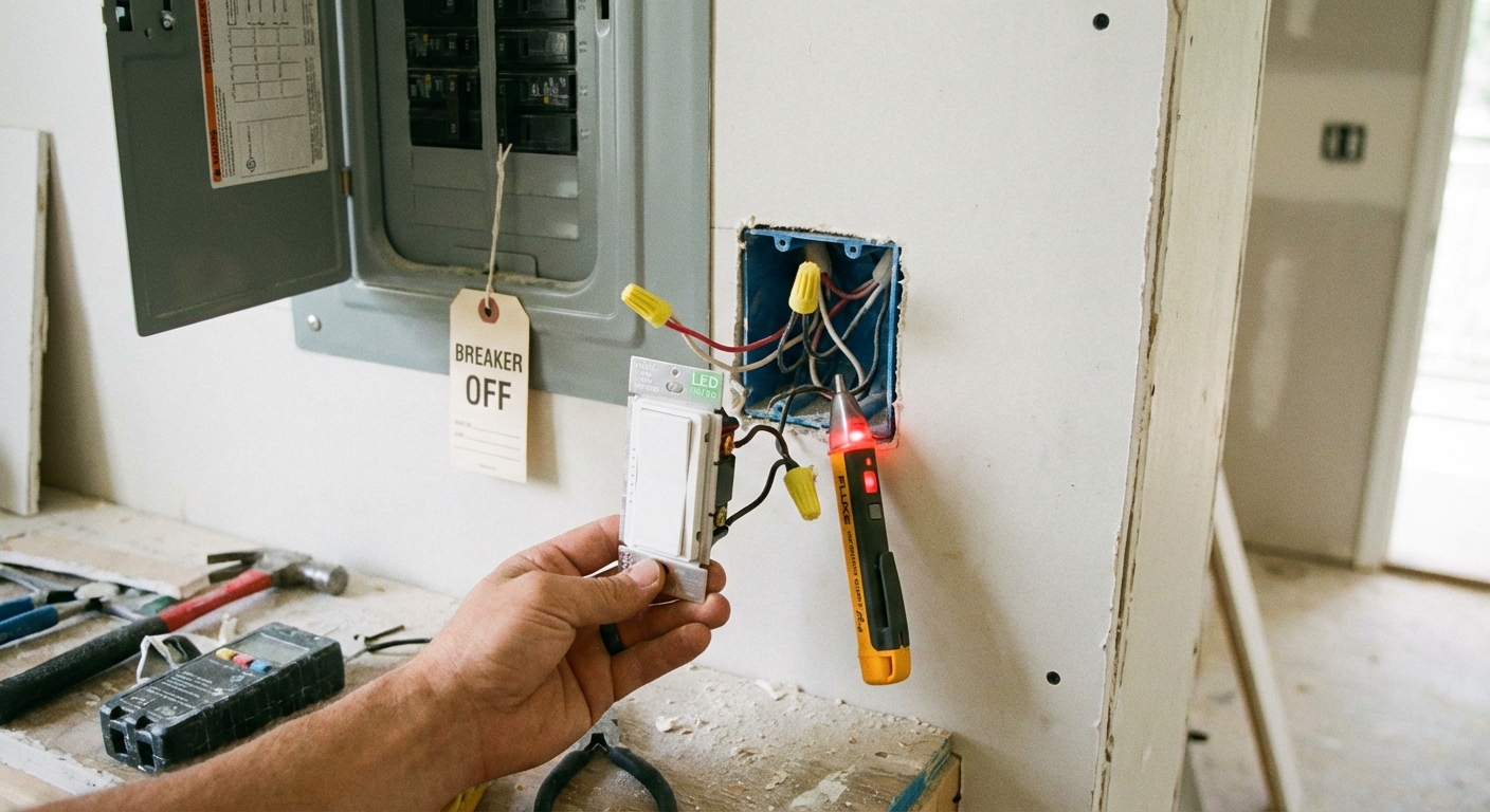 A real photograph of a wall switch box with an LED-rated dimmer switch being connected, with the breaker off and a non-contact voltage tester visible nearby