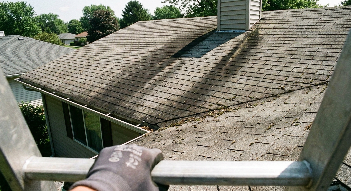 A real photograph of an asphalt shingle roof in daylight with dark black streaks running down the shingles, typical algae staining, taken from a ladder-level angle