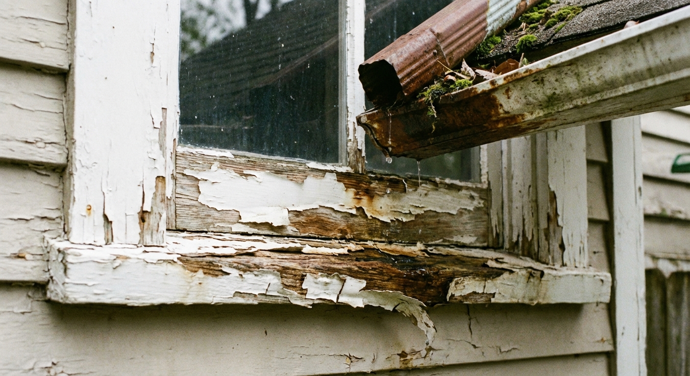 A real photograph of exterior wood window trim with paint peeling along the bottom edge where water drips, with a downspout and gutter visible above in daylight