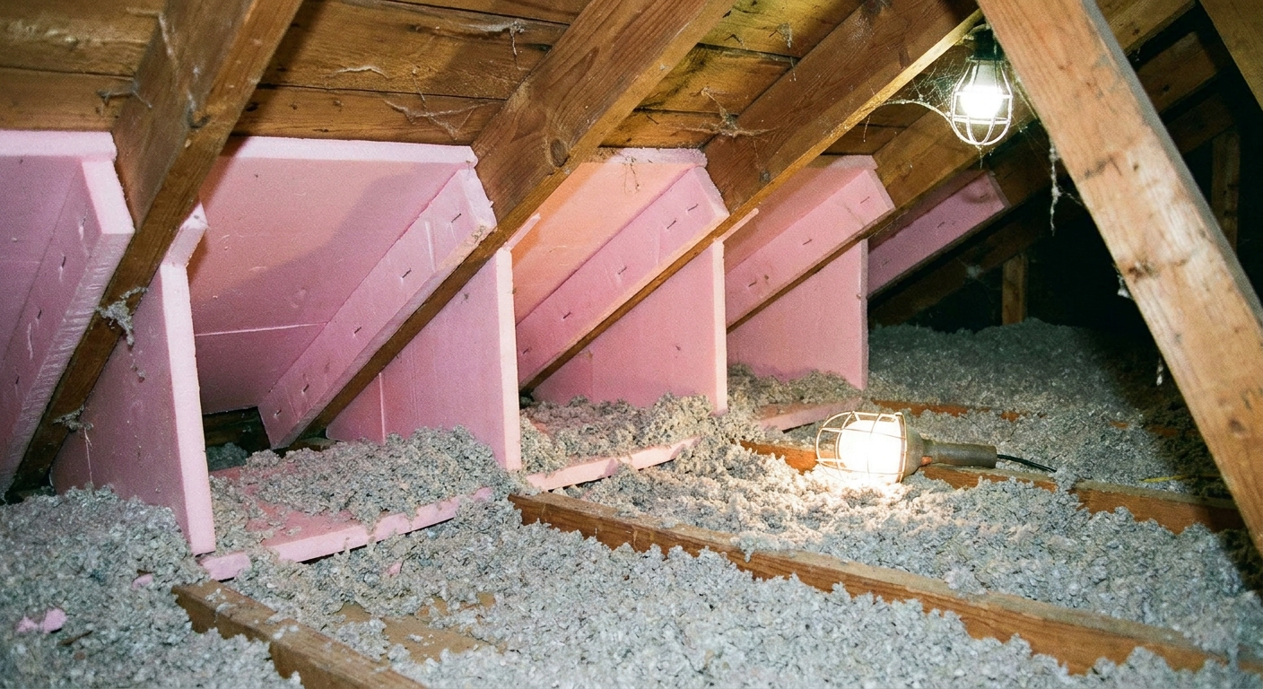 A real photograph of foam ventilation baffles stapled between rafters in an attic, forming an open channel above the exterior wall while blown-in insulation sits below