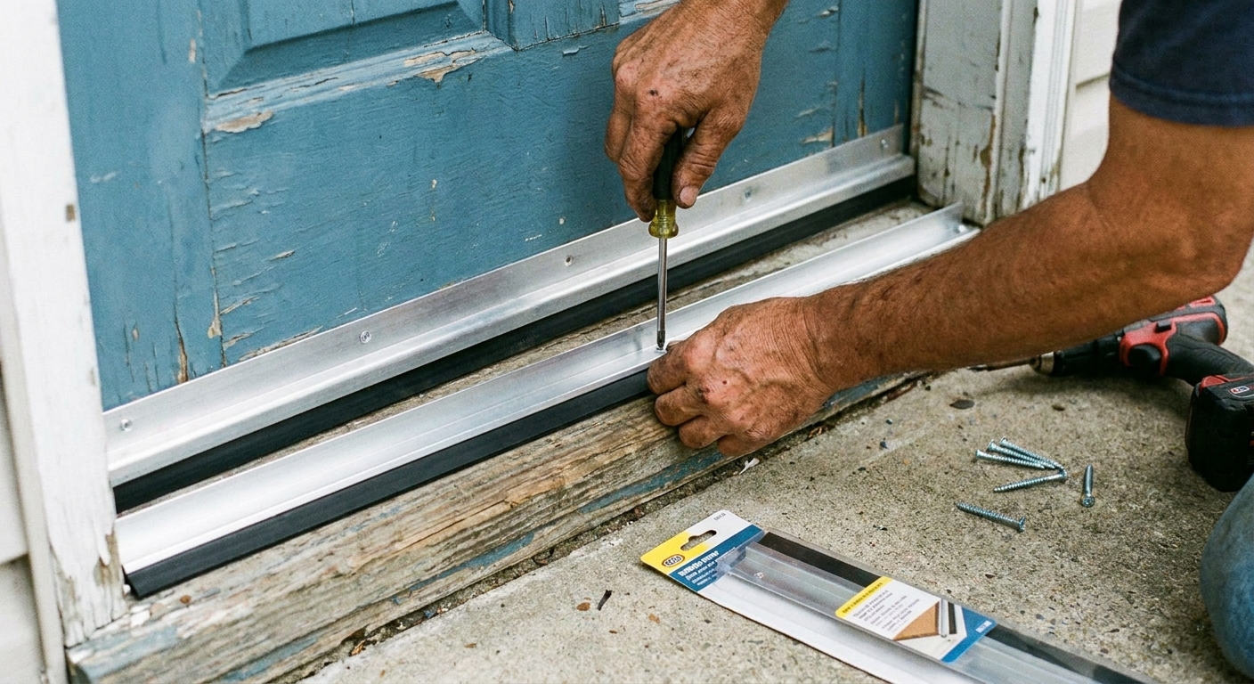 A real photograph of hands installing a new door sweep on an exterior door threshold with a screwdriver