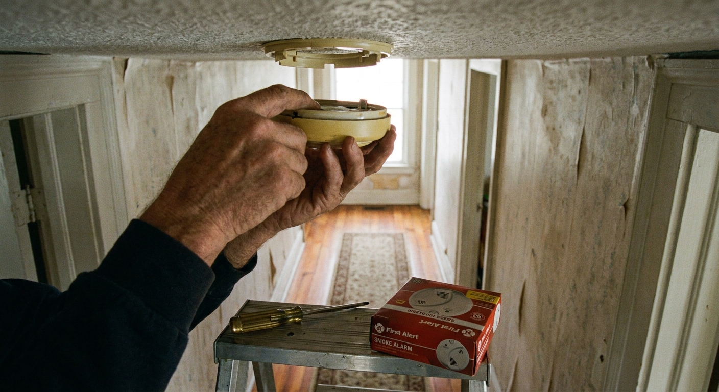 A real photograph of hands twisting a smoke alarm off its ceiling mounting bracket in a hallway, with a screwdriver and new alarm box nearby