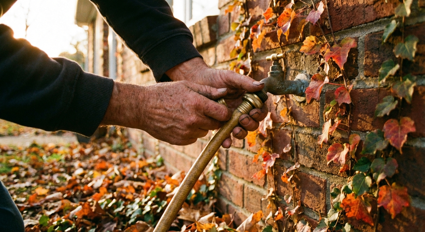 A real photograph of hands unscrewing a garden hose from an outdoor hose bib on a house exterior in autumn light