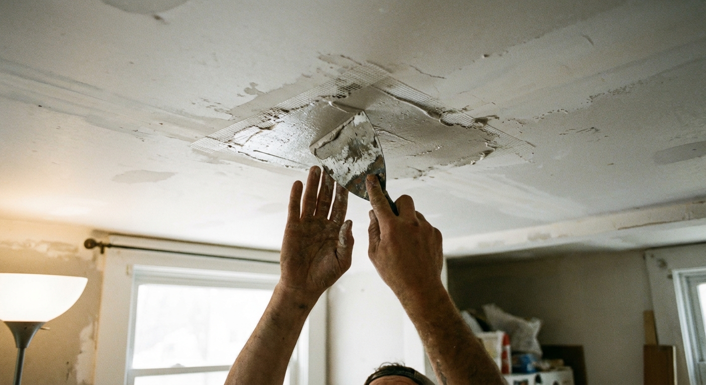 A real photograph of hands using a putty knife to apply joint compound on a small patched area of a white drywall ceiling, indoor lighting, no text