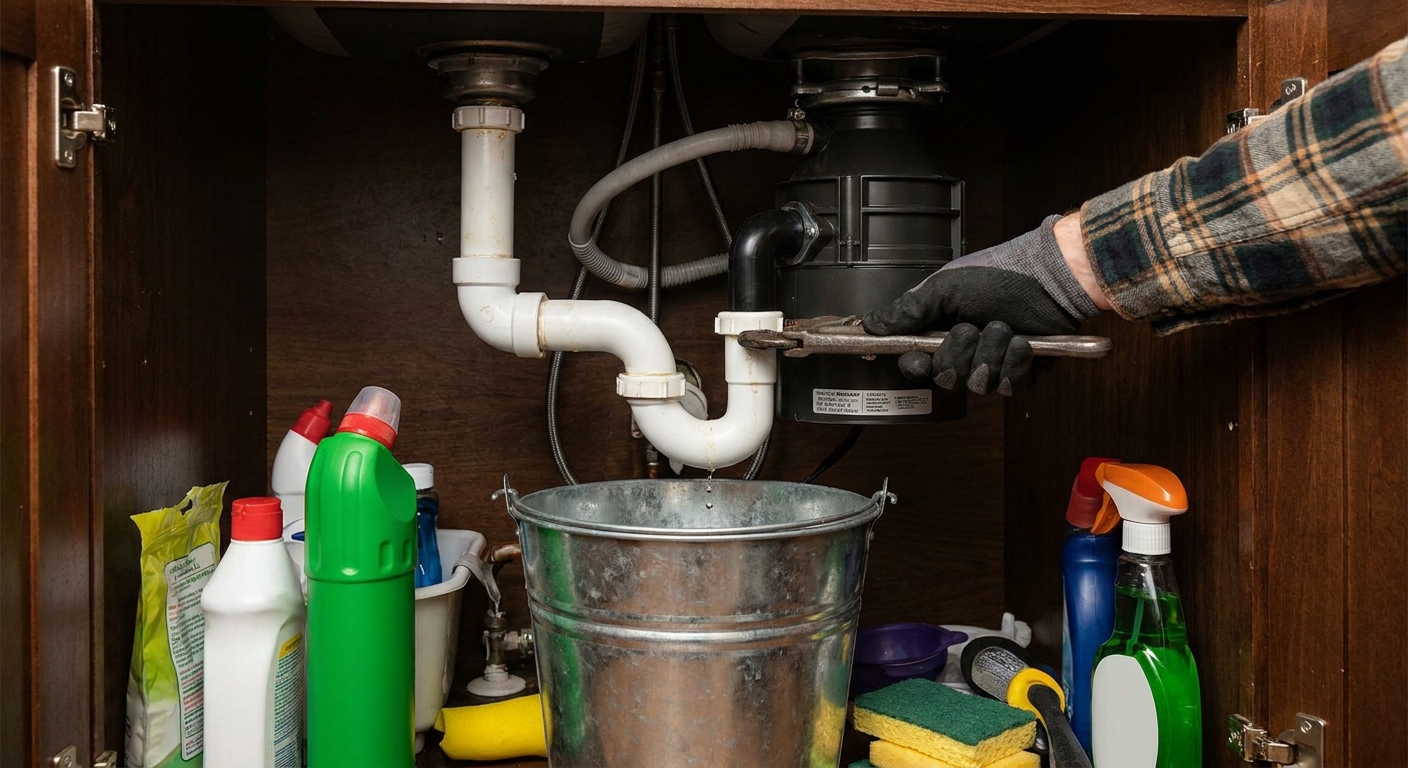 A real photograph under a kitchen sink showing a bucket placed below the garbage disposal drain pipe connection, with a person reaching in with a wrench