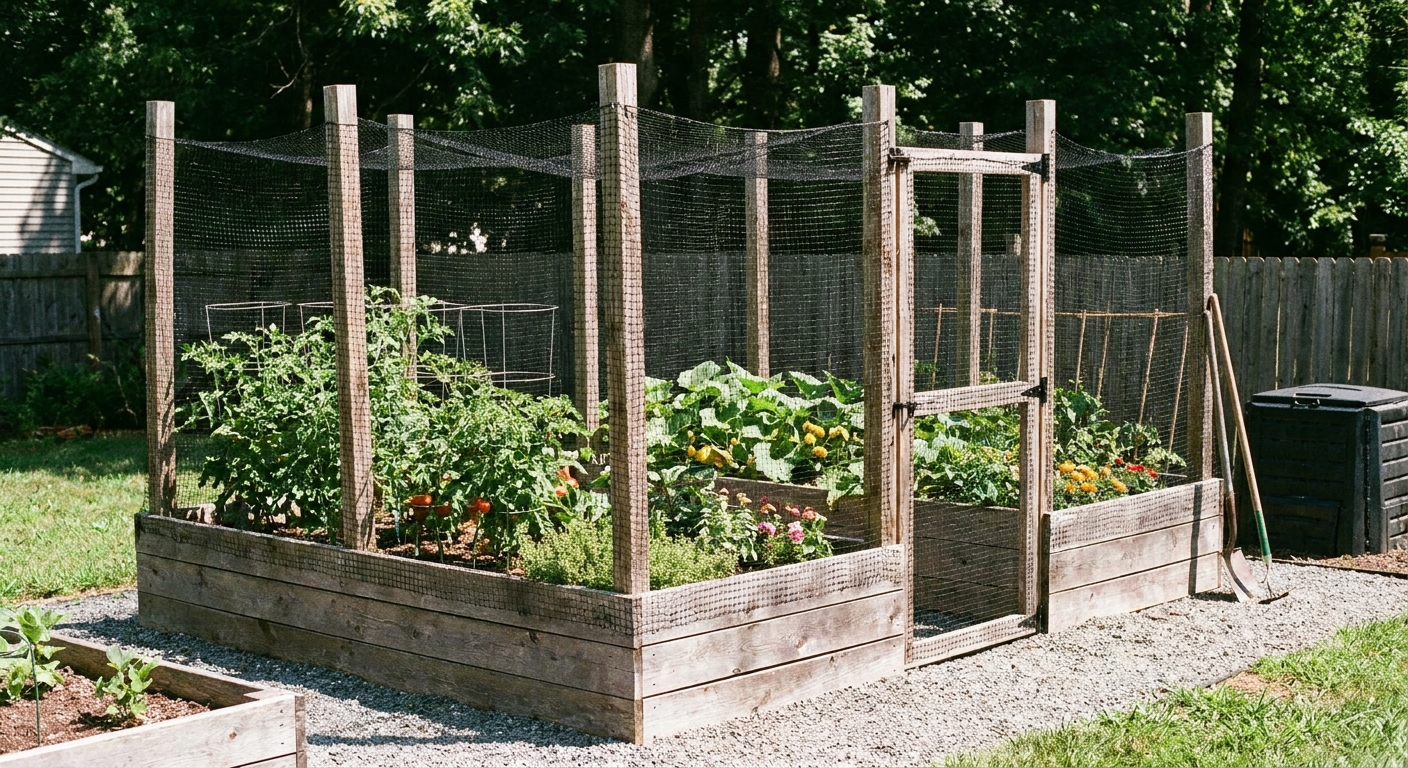 A real raised garden bed enclosed by tall stakes with black deer netting pulled tight around it
