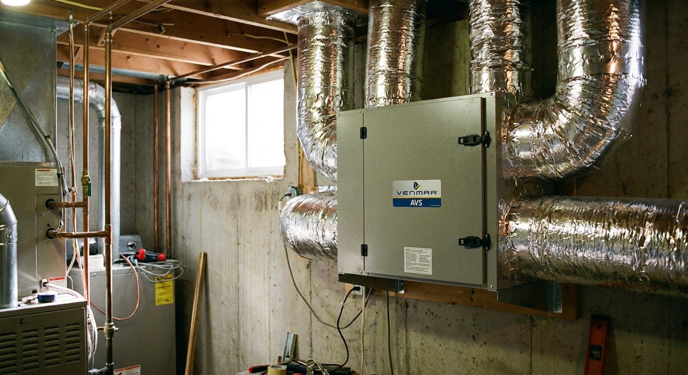 A real residential HRV unit mounted in a basement mechanical room with insulated duct connections and access doors visible, natural indoor lighting