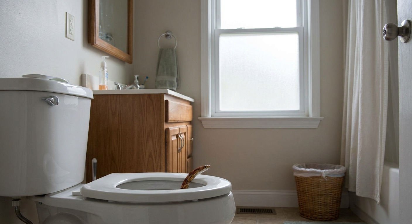 A real residential bathroom with a toilet and a small snake partially visible inside the toilet bowl, natural indoor lighting, realistic photography style