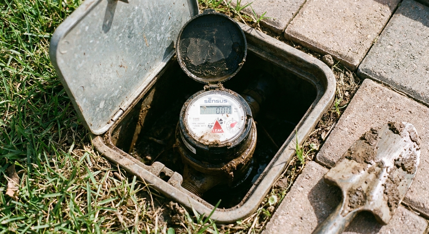 A real residential water meter in a ground box with the lid open, showing the dial and leak indicator, photographed in daylight